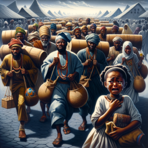 picture of Ojeje Traders in a yoruba folktale carrying their goods to a market, and a young girl going towards them crying.