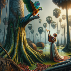 picture of a bird on a very tall tree in a swampy farm with palm kernels, holding a baby in a yoruba folktale, and a young woman at the bottom of the tree begging the bird to return the baby.