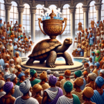 picture of a contest at the palace of a king (oba) in a yoruba folktale, with his town's people around him and a tortoise in front of them holding a goblet of piping hot water.