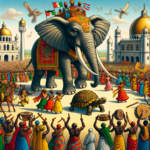 picture of a huge elephant with a tortoise in front of him going into a town to be king in a yoruba folktale, with people cheering, dancing with music and fanfare.