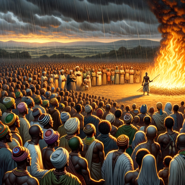 picture of a king (oba) in a yoruba folktale surrounded by his people in a field watching a fire burning and rain pouring.