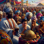 picture of a king (oba) in a yoruba folktale at a festival surrounded by his town's people watching a young man who is guessing what food and drink are being served.