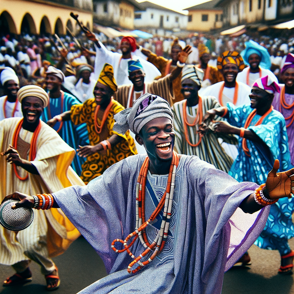 picture of a king (oba) in a yoruba folktale dancing in the steet followed by his courtiers.