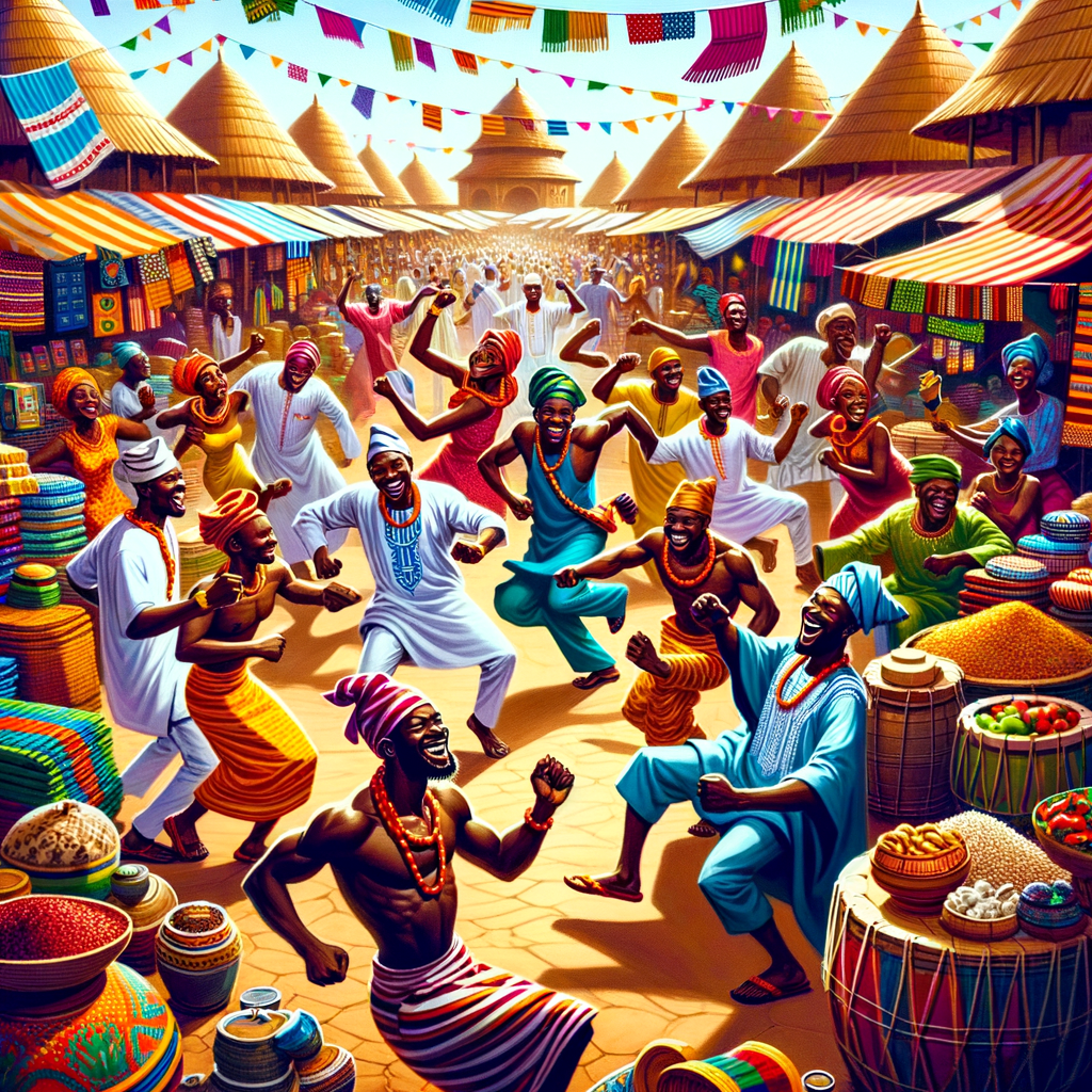 picture of a market scene in a yoruba folktale where sellers and buyers are dancing away from their stalls.