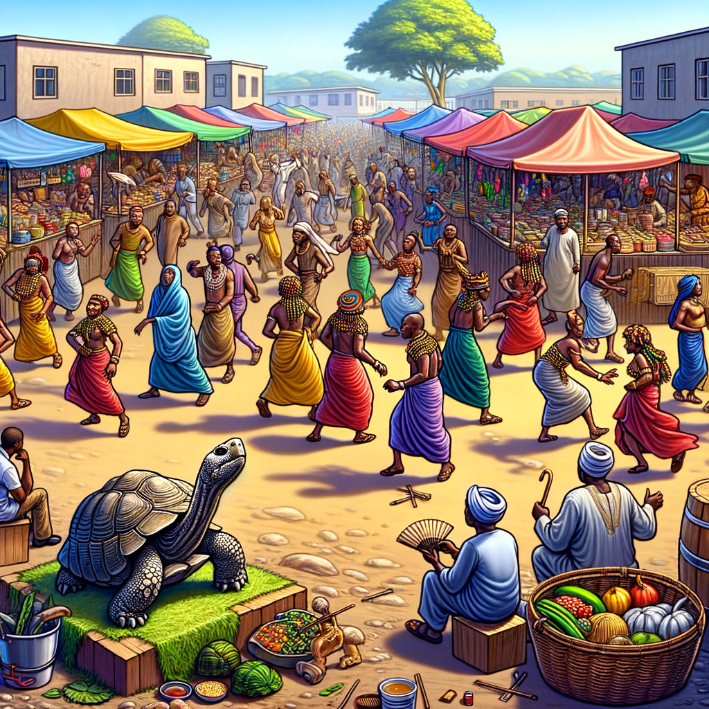 picture of a market scene in a yoruba folktale where people are dancing away from their stall, and a tortoise with a shell observing them from a distance.