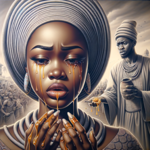 picture of a princess in a Yoruba folktale crying, standing in front of a young man who has accused her of stealing some honey.