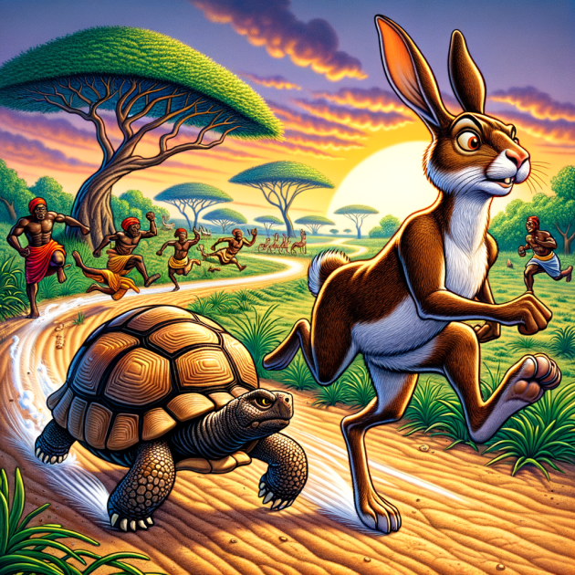 picture of a tortoise and hare in a foot race in a yoruba folktale,