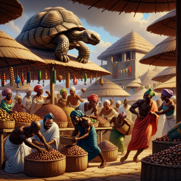 picture of a tortoise in a Yoruba folktale stealing groundnuts at a market place as the market people dance away from the market.