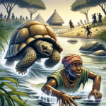 picture of a tortoise in a yoruba folktale rescuing a young would be hunter from drowning.