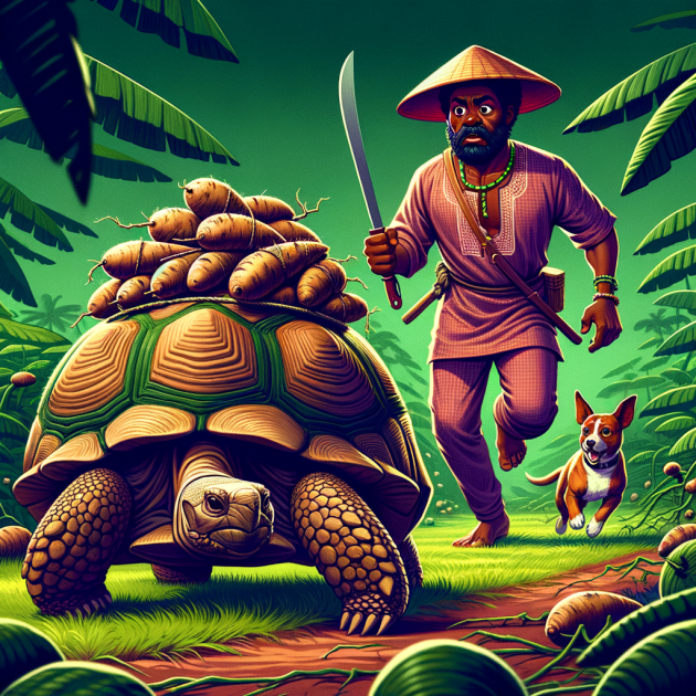 picture of a tortoise in a yoruba folktale carrying yams running after a dog at a farm where they have gone to steal, and the farm owner holding a cutlass looking at them.