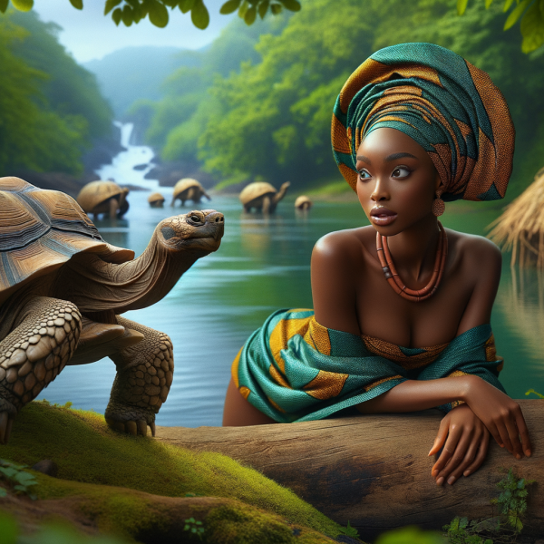 picture of a tortoise in a yoruba folktale observing a beautiful young woman on her way to a river.