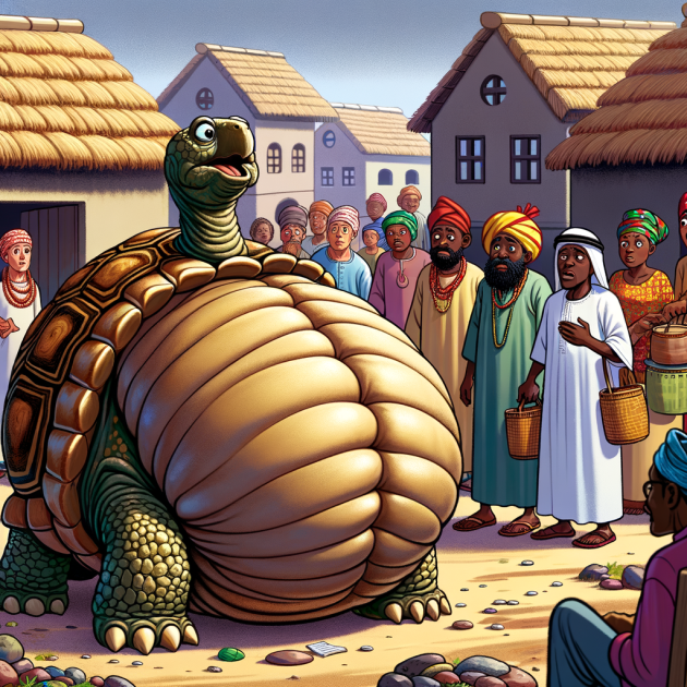 picture of a tortoise in distress in a yoruba folktale showing his very large and extended stomach walking outside his town with people looking at him