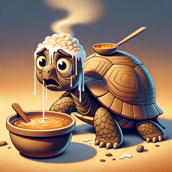 picture of a tortoise in distress, in a yoruba folktale, with burnt head, holding a deep cap with piping hot porridge yam.