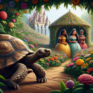 picture of a tortoise in hiding, in a yoruba folktale watching three princesses in their private garden forbidden to others.