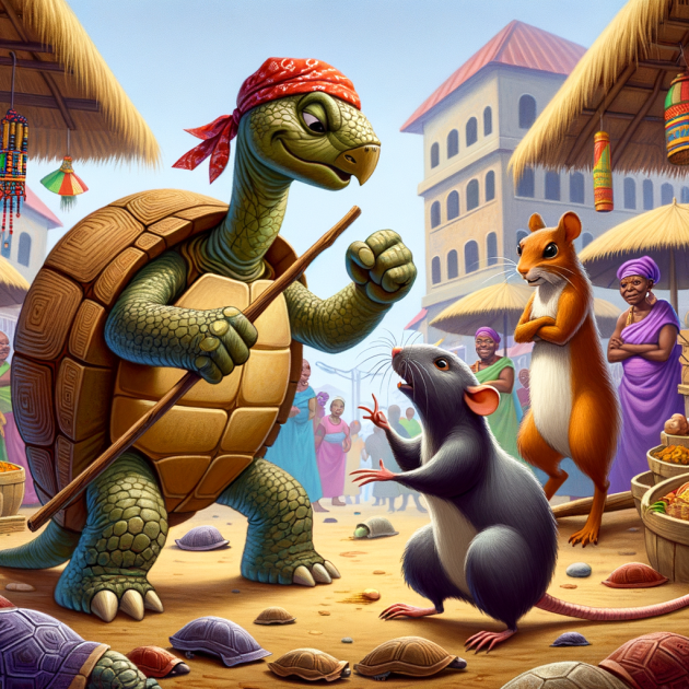 picture of a tortoise, rat and a squirrel at a market place in a yoruba folktale, fighting with tortoise beating the rat with a stick.