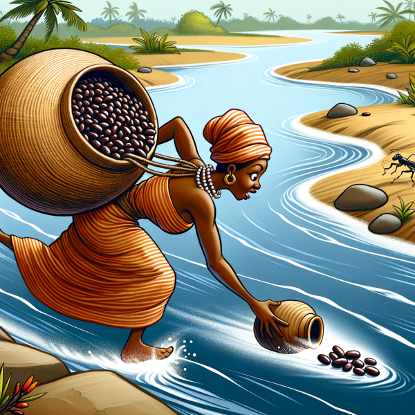 picture of a woman at a river in a Yoruba folktale carrying a calabash with locust-beans running agains the current in pursue of a single locust-bean