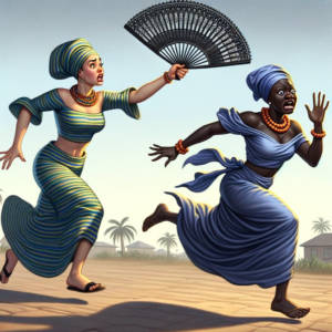 picture of a woman in a yoruba folktale, running after another woman who has left her fan behind, to stop her from leaving their town waving the fan.