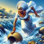 picture of a woman in a yoruba folktale at a stream where her co-wife's igbako (a utensil) is swept away by the current, frantically searching for it.