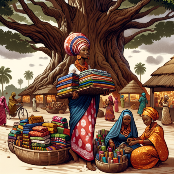 picture of a woman market cloth seller with her goods on her head in a yoruba folktale, standing alone in front of an iroko tree (solid oak) and two other women sellers of other things.