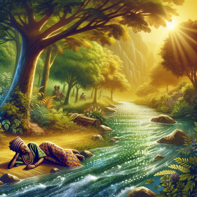 picture of a young girl at a river in a yoruba folktale lulled to sleep by its beautiful surroundings