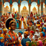 picture of a young woman in a yoruba folktale standing in front of a king (oba) in his palace surrounded by his town's people at a festival.