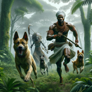 picture of hunter in a yoruba folktale in a forest facing an enraged enemy and his three dogs coming to his rescue.