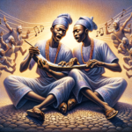 picture of two brothers in a yoruba folktale, gifted in music singing and dancing at a musical competition