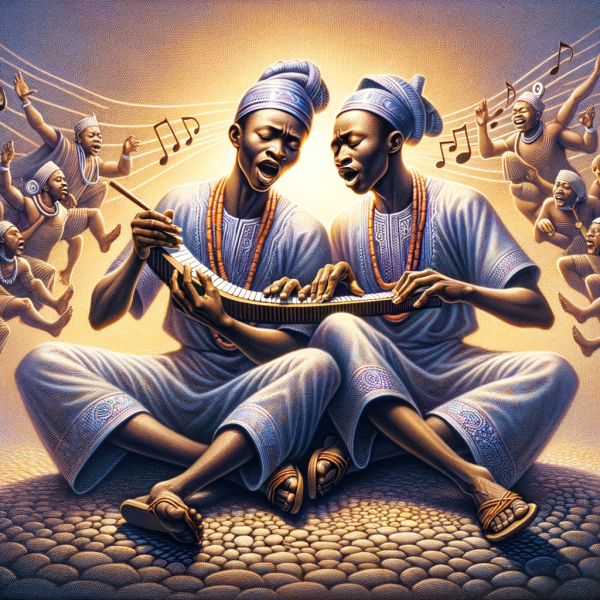 picture of two brothers in a yoruba folktale, gifted in music singing and dancing at a musical competition