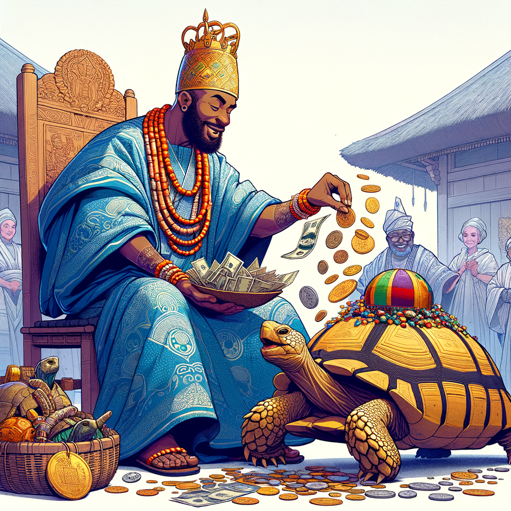 picture of an oba (king) in a yoruba folktale showering a toroise with valuable goods and money.