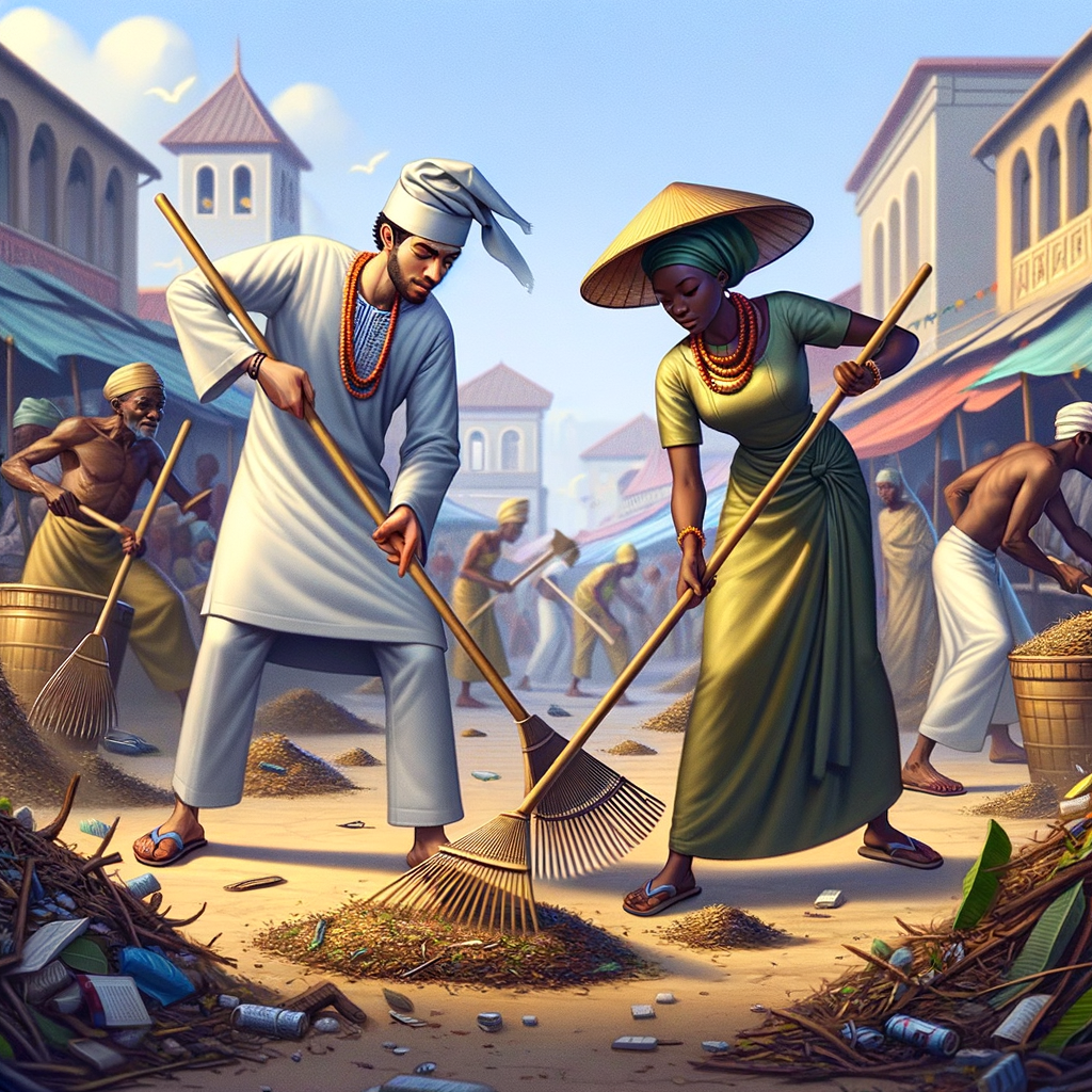 picture of two of an oba (king)'s messengers in a yoruba folktale, with sticks and rakes combing an area near a market where there are chunks of leaves and twigs.