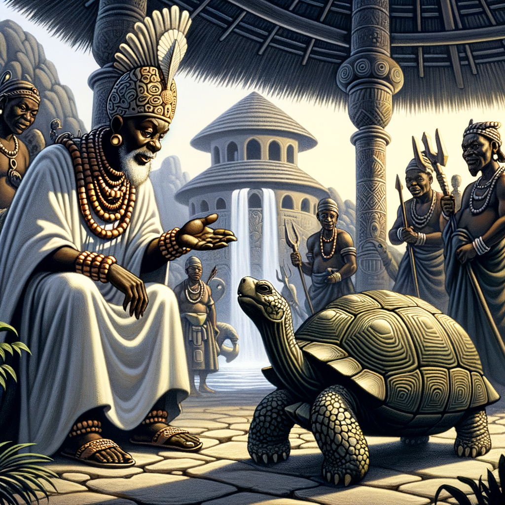 picture of a tortoise (ijapa) in a yoruba folktale in a yorubaland in front of their oba (king) talking to him about a matter.