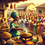 picture of a yoruba akara-seller (beanb-based food) in a yoruba folktale in a yorualand (iya-alakara) frying ‘akara o l’ ororo’ (akara made with groundnut oil) in her stall, in front of her house and a queue in front of her stall.