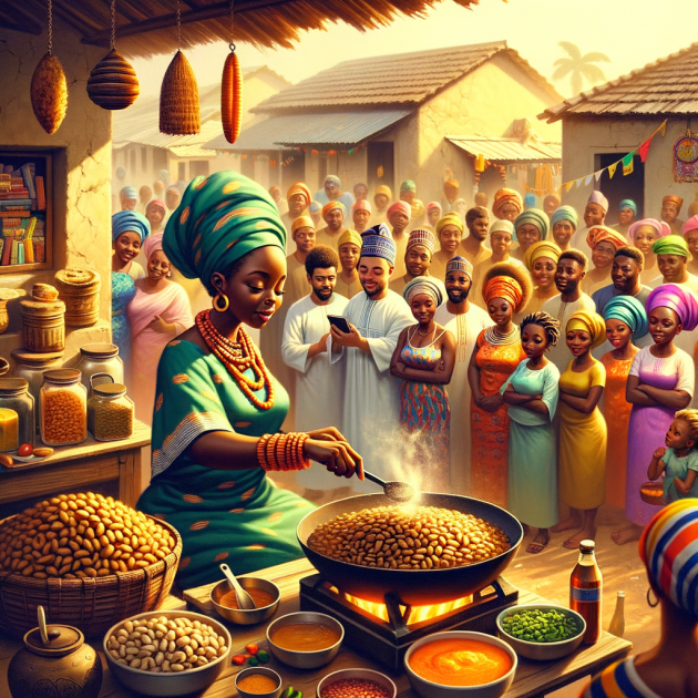 picture of a yoruba akara-seller (beanb-based food) in a yoruba folktale in a yorualand (iya-alakara) frying ‘akara o l’ ororo’ (akara made with groundnut oil) in her stall, in front of her house and a queue in front of her stall.