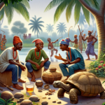 piture of three yoruba boys in a yoruba folktale in a yorubaland who are bantering, joking about their expertise in their three areas of work: fishing, palm-tree climbing/palm-oil making, and hunting, in the fresh air and a tortoise (ijapa) spying on them.