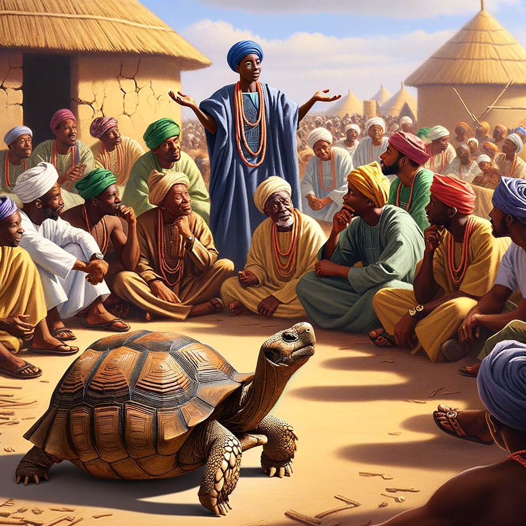 picture of a tortoise (ijapa) in a yoruba land in a yoruba folktale observing a group of yoruba men discussing how to combat the famine in their town. They are suggesting going to a nearby town where there is no famine, to buy and sell goods.